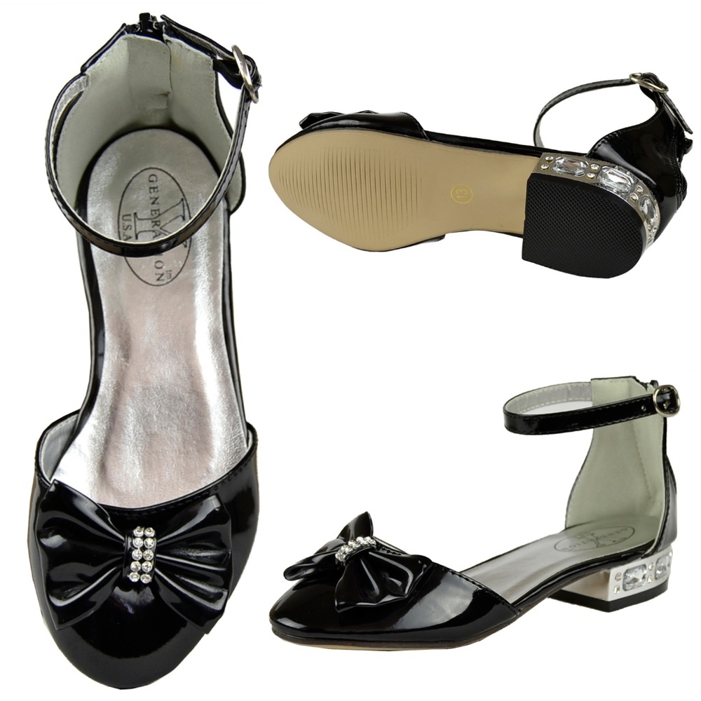 Kids Dress Shoes Metallic Heel Black GY-KLOW-01